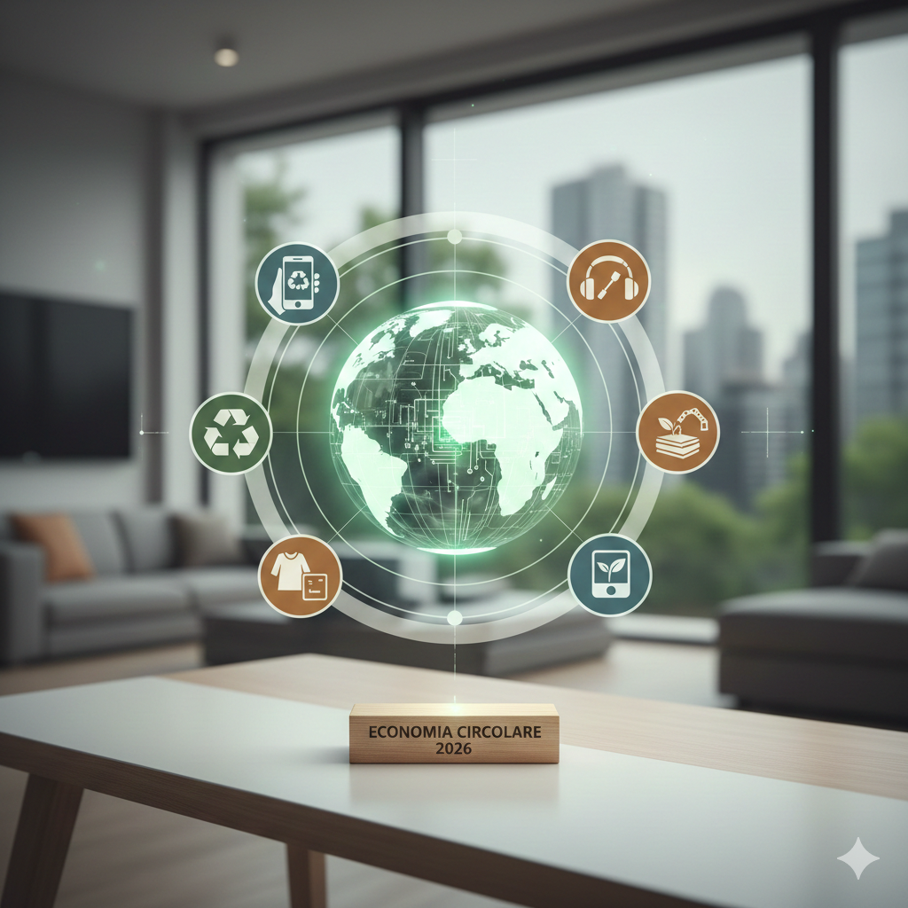 Rappresentazione grafica dell'economia circolare nel 2026: un ologramma del globo terrestre circondato da icone di riciclo, tecnologia rigenerata e sostenibilità in un ufficio moderno.