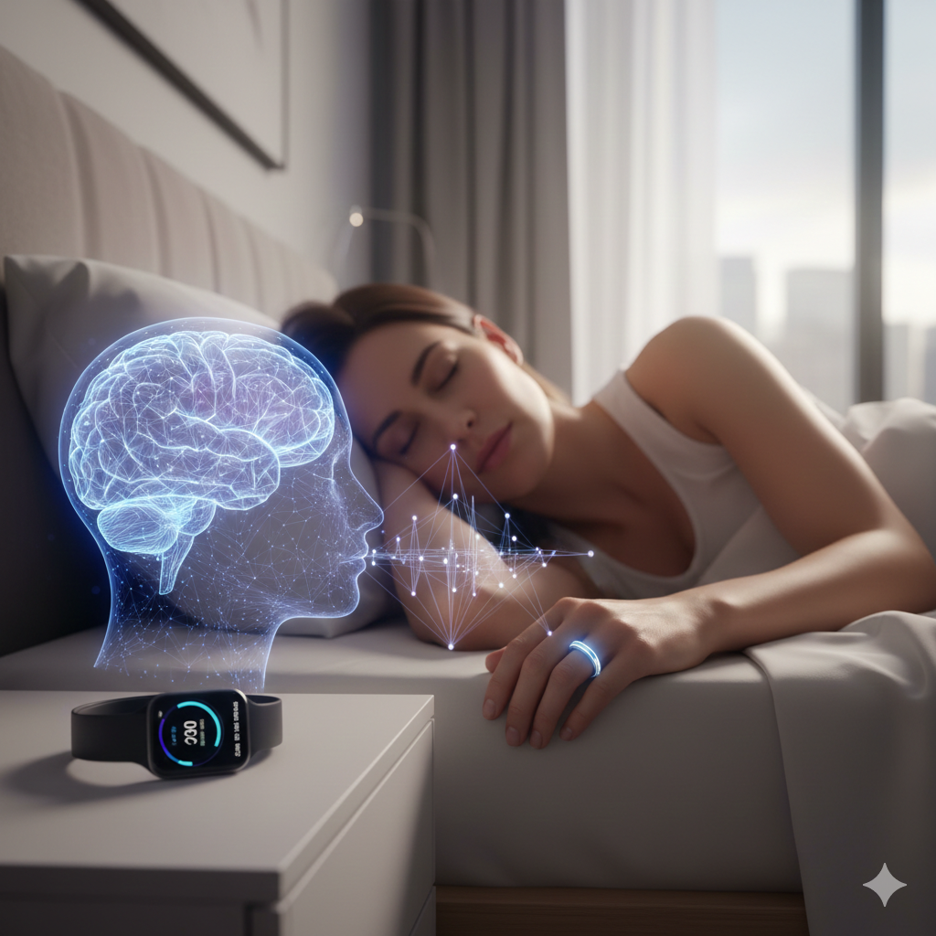 Una donna che dorme serenamente con un anello intelligente al dito, accompagnata da una proiezione olografica di un cervello umano e un monitor del sonno, rappresentando la tecnologia per la brain longevity e il riposo profondo.