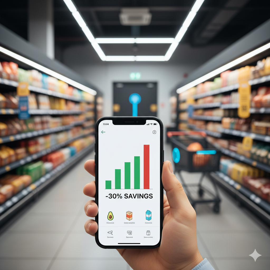 Una mano tiene uno smartphone in un moderno corridoio di un supermercato. Sullo schermo del telefono è visibile un'app di risparmio con un grafico a barre in crescita, una freccia verde e la scritta '-30% SAVINGS'. Sullo sfondo, corsie con prodotti e un carrello della spesa sfocato.