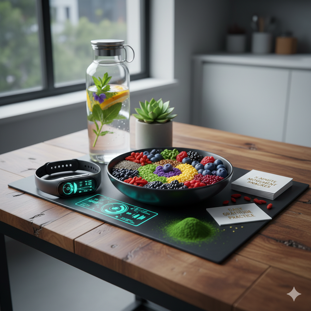 Composizione di superfood colorati in una ciotola accanto a uno smartwatch per il monitoraggio della salute e una bottiglia di acqua detox su un tavolo moderno.