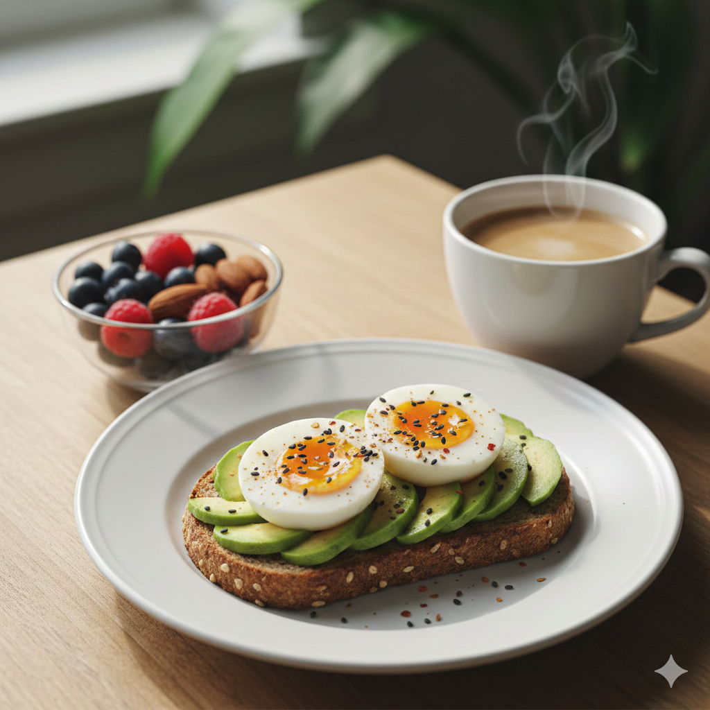 Un avocado toast con uova sode su pane integrale, accompagnato da una ciotola di frutti di bosco e una tazza di caffè, simbolo di colazione sana per il metabolismo