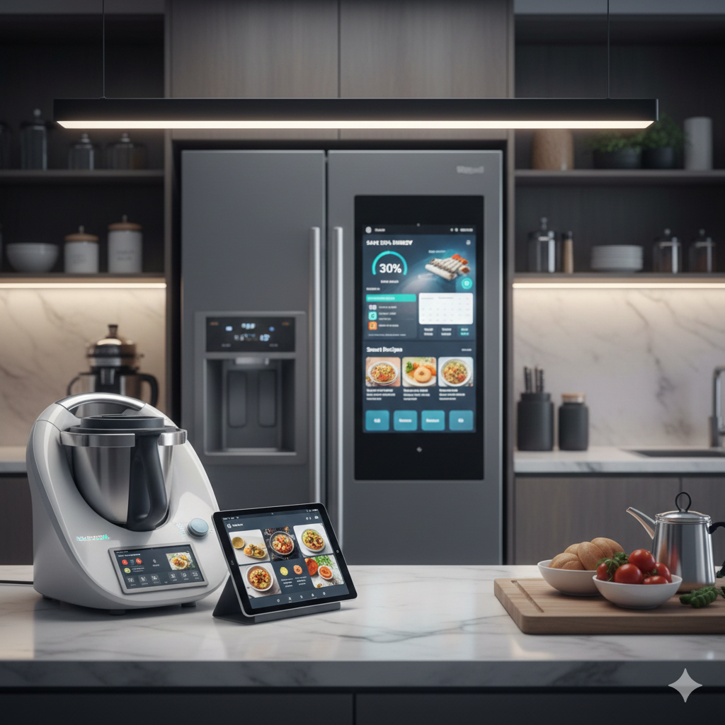 Cucina moderna con elettrodomestici intelligenti del 2026: un robot da cucina multifunzione con display digitale, un tablet con ricette smart e un frigorifero con schermo interattivo che mostra statistiche di risparmio alimentare