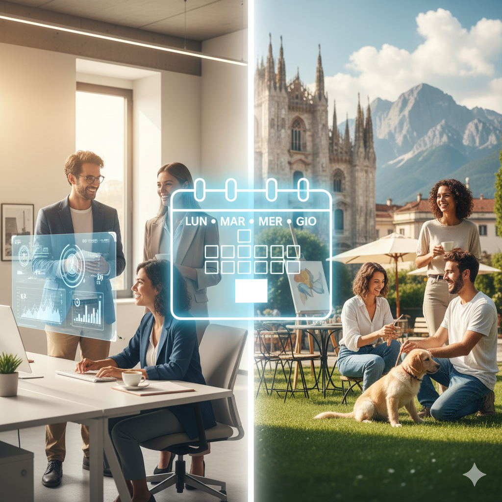 Immagine divisa a metà che mostra il concetto di settimana lavorativa di 4 giorni: a sinistra un ufficio moderno con professionisti che collaborano, a destra persone che si godono il tempo libero all'aperto a Milano, unite da un'icona digitale di un calendario che evidenzia i giorni da lunedì a giovedì