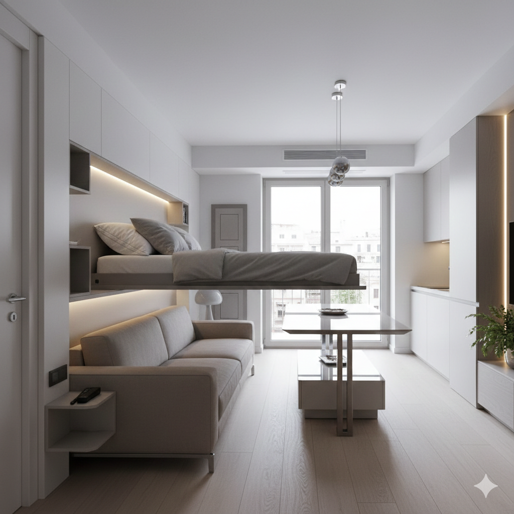Interno di un monolocale moderno e minimale del 2026 con arredamento multifunzionale: un letto sospeso che scende dal soffitto sopra un divano beige, ottimizzando lo spazio in modo intelligente e luminoso