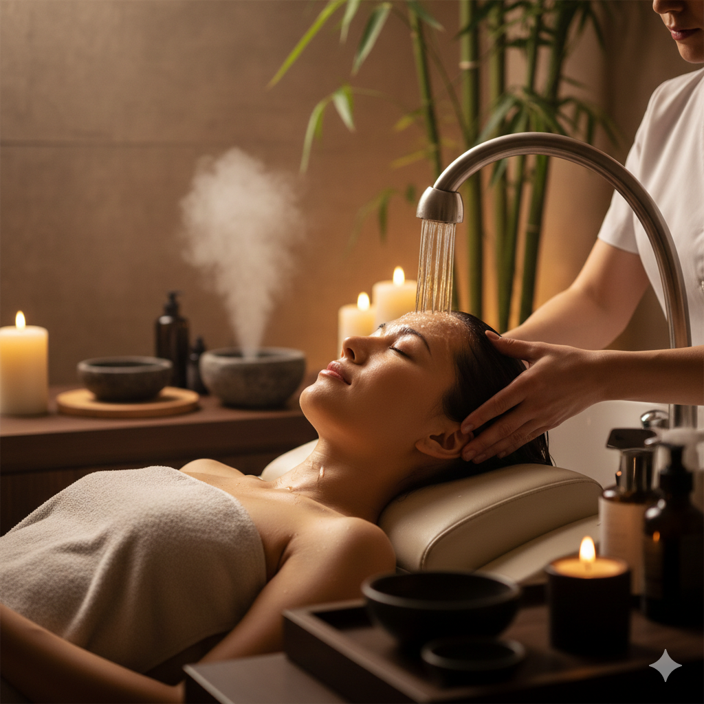 Una donna rilassata ad occhi chiusi riceve un trattamento di Japanese Head Spa in un ambiente lussuoso e zen. Un getto d'acqua a fontana scorre delicatamente sulla fronte mentre una terapista massaggia il cuoio capelluto. Sullo sfondo candele accese, vapore profumato e piante di bambù creano un'atmosfera di profondo benessere