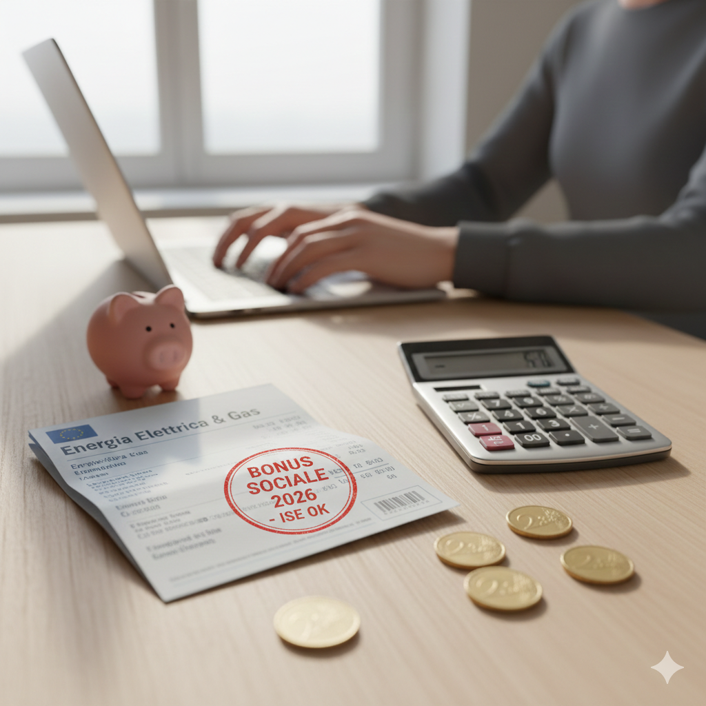 Bolletta luce e gas con timbro Bonus Sociale 2026, calcolatrice e salvadanaio per il risparmio energetico