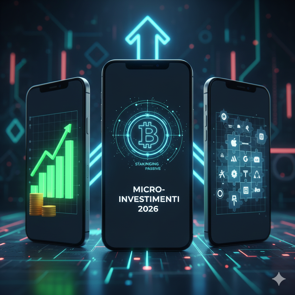 Tre smartphone moderni disposti in prospettiva che mostrano interfacce di app finanziarie del 2026. Sugli schermi si vedono grafici di crescita in verde, monete d'oro impilate e icone digitali di investimento. Al centro campeggia la scritta 'Micro-investimenti 2026' con uno sfondo tecnologico a circuiti luminos