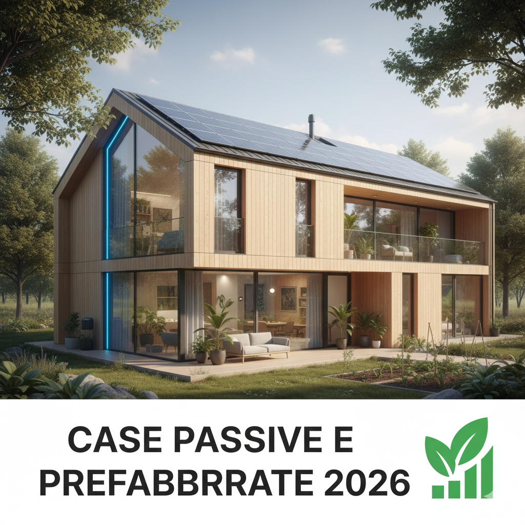 Moderna casa prefabbricata a due piani realizzata in legno e ampie vetrate, immersa nel verde. Sul tetto spiovente sono installati pannelli solari fotovoltaici. L'immagine ha uno stile pulito e luminoso, con un banner bianco in basso che riporta il testo 'CASE PASSIVE E PREFABBRATE 2026' e un'icona verde a forma di foglia che indica crescita e sostenibilità