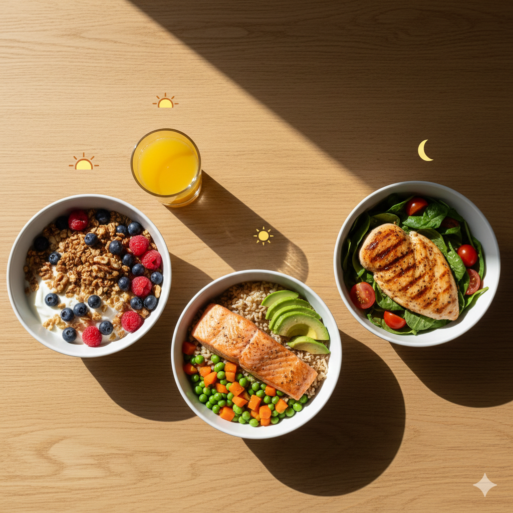 Esempio di crononutrizione 2026 con tre pasti bilanciati (colazione, pranzo, cena) allineati ai ritmi circadiani e alla luce solare.