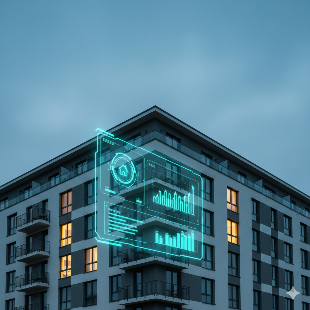 Primo piano di un moderno edificio residenziale al crepuscolo con un'interfaccia digitale luminosa che mostra grafici di consumo energetico e icone smart home, rappresentando l'AI in condominio 2026