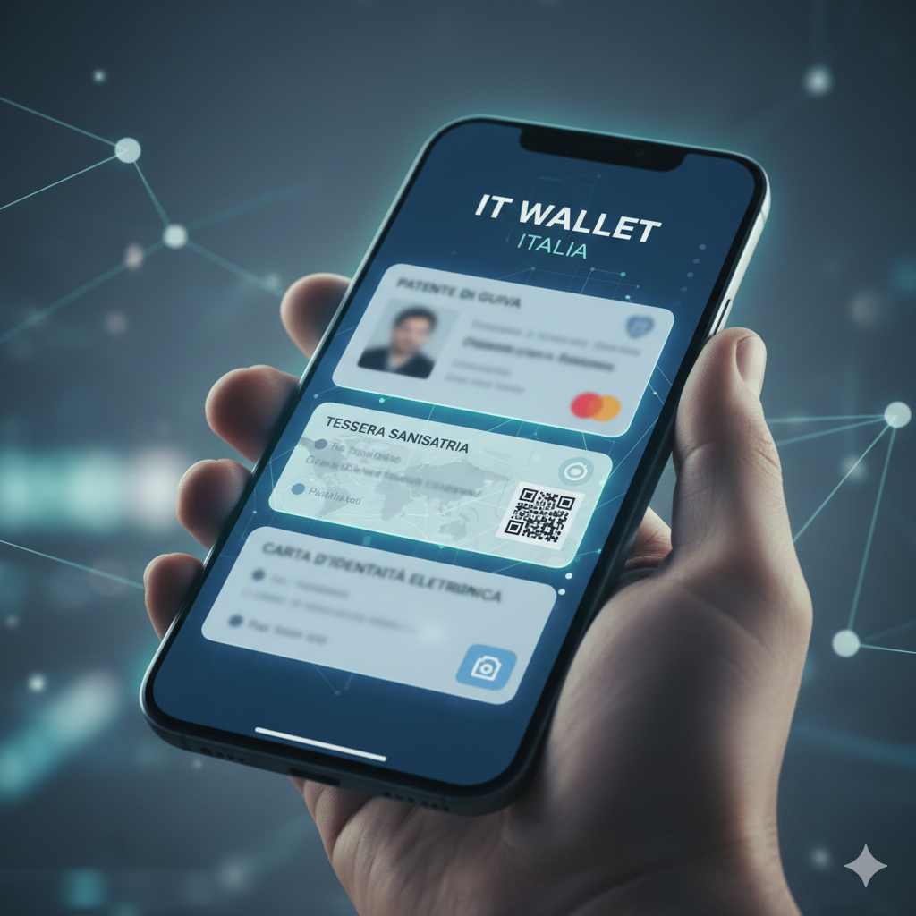 Uno smartphone tenuto in mano che mostra l'interfaccia digitale dell'IT Wallet con icone stilizzate della patente di guida e della tessera sanitaria su uno sfondo tecnologico blu con connessioni a rete