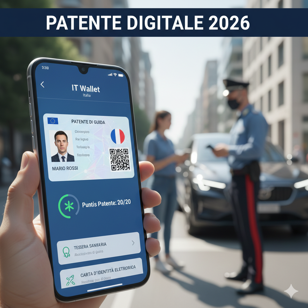 Smartphone con interfaccia IT Wallet su App IO che mostra la patente digitale 2026 e il saldo punti durante un controllo stradale.