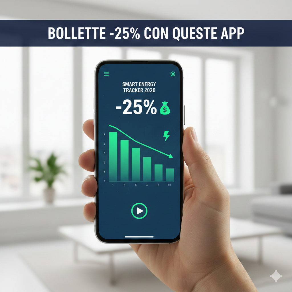 Mano che tiene uno smartphone con un'app per il risparmio energetico 2026, grafico dei consumi in calo e scritta Bollette -25% con queste app
