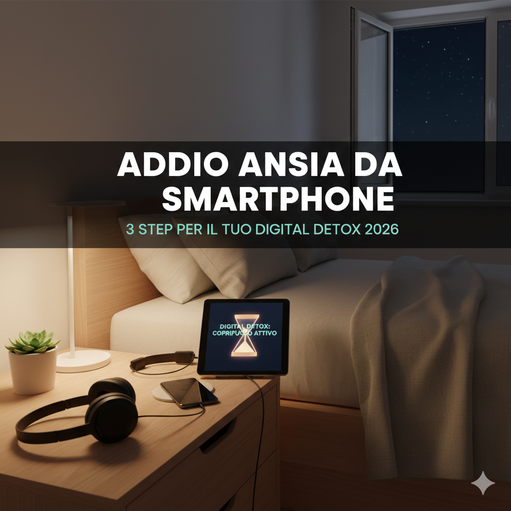 Inquadratura di un comodino ordinato in una stanza da letto in penombra. Sopra ci sono delle cuffie, una piccola pianta e un tablet che mostra un'icona di clessidra con la scritta 'Digital Detox: Coprifuoco Attivo'. L'atmosfera è calma e invita alla disconnessione serale.