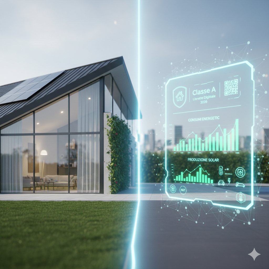 Esterno di una villa moderna ecosostenibile con pannelli solari sul tetto e pareti a vetrata, affiancata da un'interfaccia digitale olografica che mostra la dicitura 'Classe A - Libretto Digitale 2026' insieme a grafici luminosi sui consumi energetici e la produzione solare
