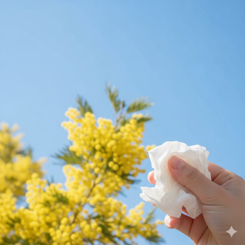 Primo piano di una mano con un fazzoletto bianco davanti a fiori di mimosa gialli e cielo azzurro, ideale per rappresentare le allergie di febbraio 2026