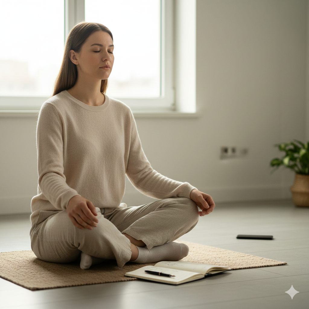 Una giovane donna seduta in posizione di meditazione in una stanza luminosa e minimale, con gli occhi chiusi e un'espressione serena. Davanti a lei un diario aperto e una penna, con lo smartphone appoggiato lontano sul pavimento, a simboleggiare la pratica del dopamine fasting e del detox digitale