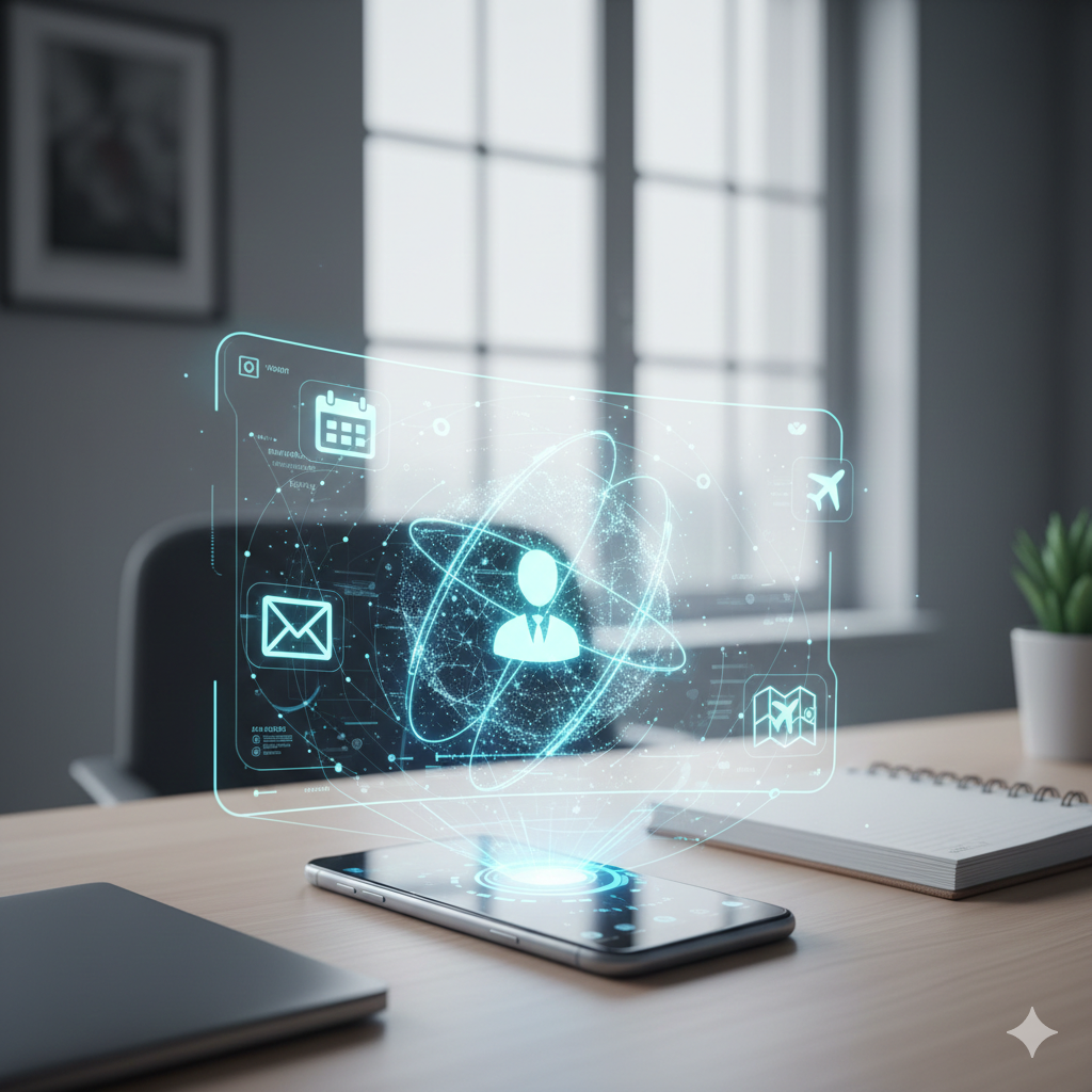 Primo piano di uno smartphone appoggiato su una scrivania da ufficio moderna, dal quale emerge un'interfaccia olografica azzurra e brillante. Al centro compare l'icona stilizzata di un assistente umanoide circondata da simboli digitali fluttuanti che rappresentano un calendario, messaggi email e la mappa di un volo aereo, a simboleggiare le capacità degli Agenti AI del 2026.
