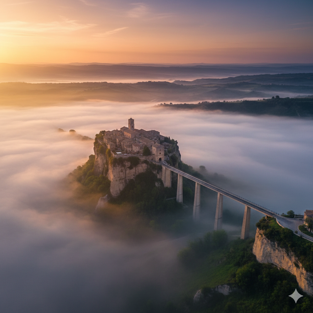 Veduta aerea suggestiva di Civita di Bagnoregio all'alba, con il borgo medievale arroccato che svetta sopra un mare di nebbia fitta. Un lungo ponte pedonale collega la città alla terraferma, mentre il sole sorge all'orizzonte creando un'atmosfera magica e silenziosa