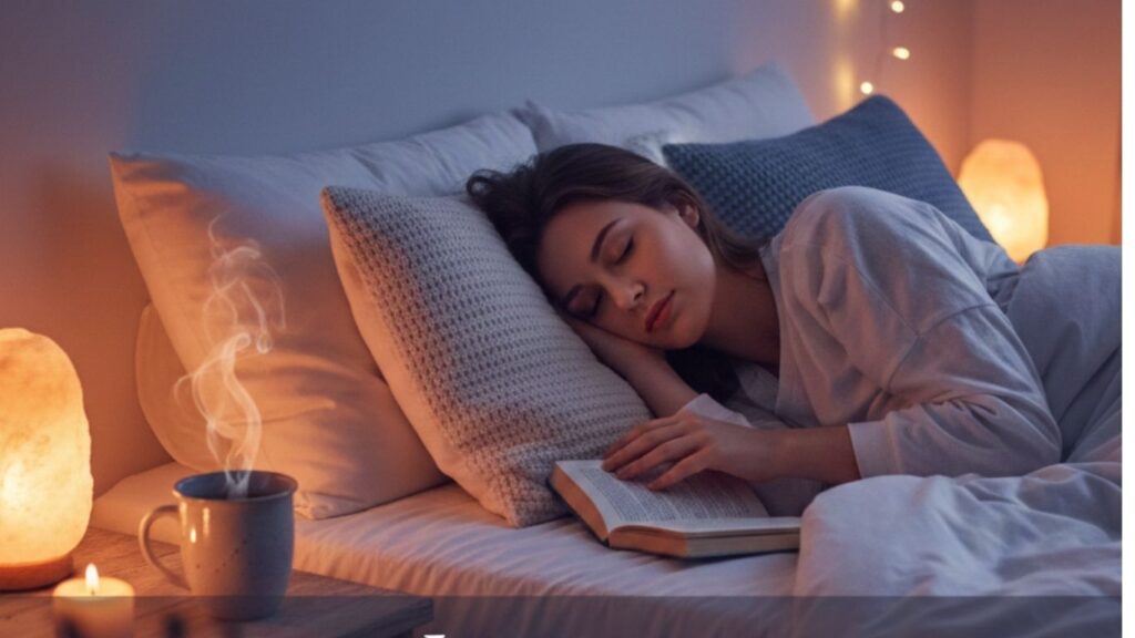 Donna che dorme serenamente con tisana e libro - Rimedi naturali per l'insonnia.