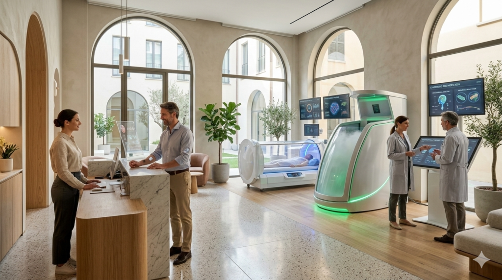Interno tecnologico e luminoso di una clinica della longevità moderna in Italia, con dispositivi per la medicina predittiva, camere iperbariche e bio-monitoring nel 2026