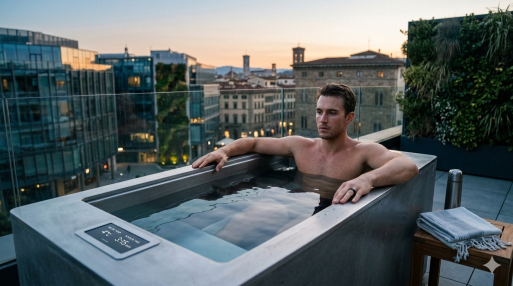 Uomo in una vasca per il Cold Plunge su un rooftop moderno nel 2026; il display integrato segna 4°C mentre lo smart ring monitora i parametri vitali durante la terapia del freddo.