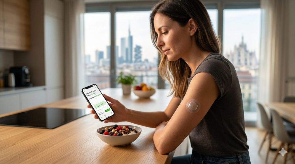 Donna in una cucina moderna a Milano consulta sul suo smartphone l'app di monitoraggio glicemico in tempo reale, collegata a un sensore CGM invisibile applicato sul braccio durante una colazione salutare nel 2026