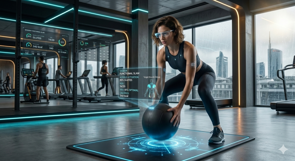 Atleta indossa occhiali AR mentre esegue un esercizio funzionale in una palestra high-tech del 2026, con proiezioni olografiche di dati biometrici e attivazione muscolare