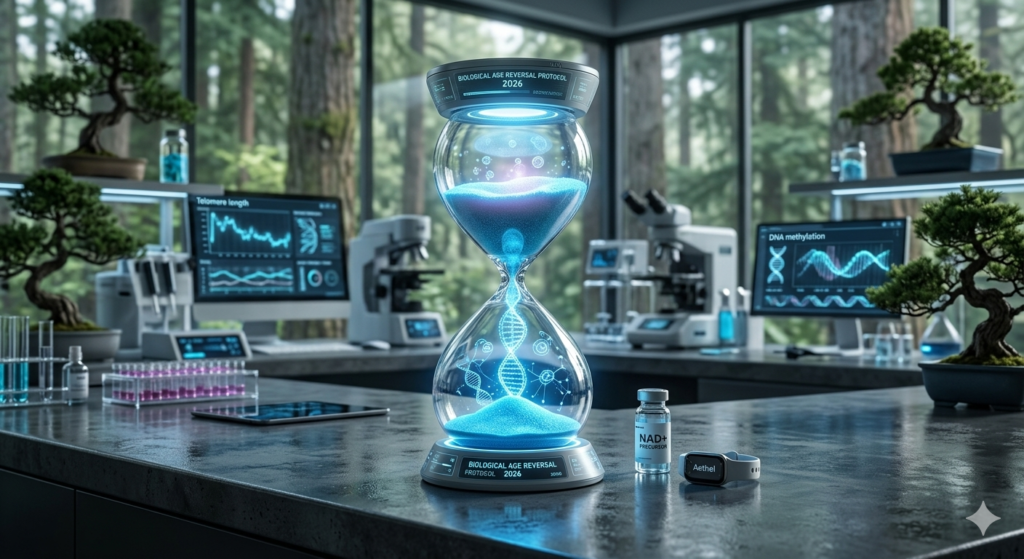 Rappresentazione artistica e scientifica dell'inversione dell'età biologica: una clessidra tecnologica dove particelle luminose blu sfidano la gravità risalendo verso l'alto, trasformandosi in una complessa rete di DNA e strutture cellulari, a simboleggiare il ringiovanimento epigenetico e la longevità nel 2026