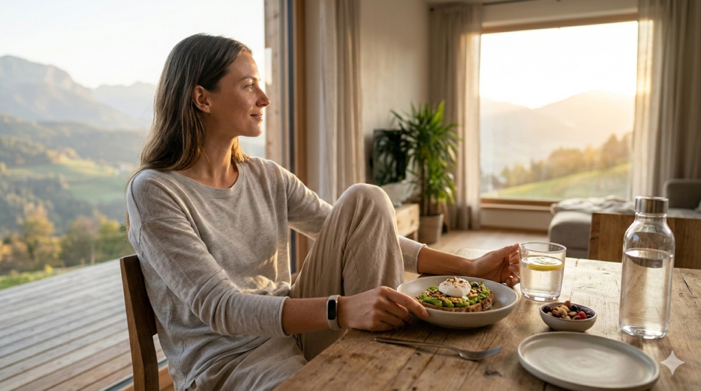 Biohacking del mattino: colazione sana con avocado toast, idratazione ed esposizione alla luce naturale all'alba per il benessere circadiano