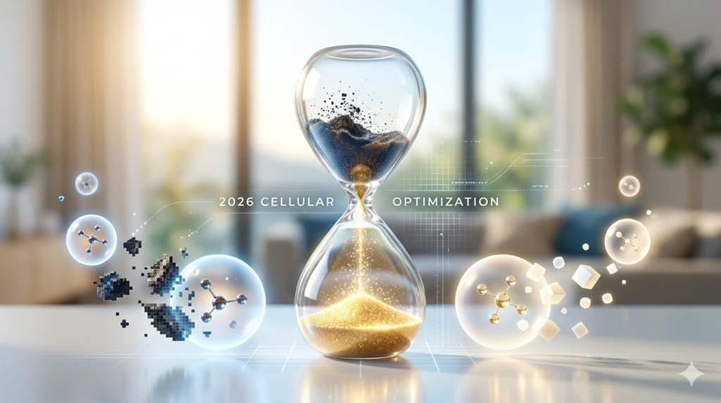 Rappresentazione artistica e minimalista dell'autofagia: una clessidra stilizzata che trasforma cellule vecchie in nuova energia cellulare luminosa per la longevità nel 2026