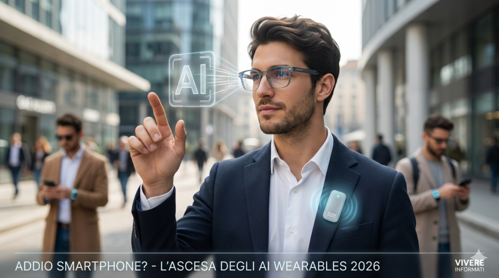 Uomo che indossa occhiali smart e AI Pin nel 2026, simboleggiando la fine dello smartphone come dispositivo primario.