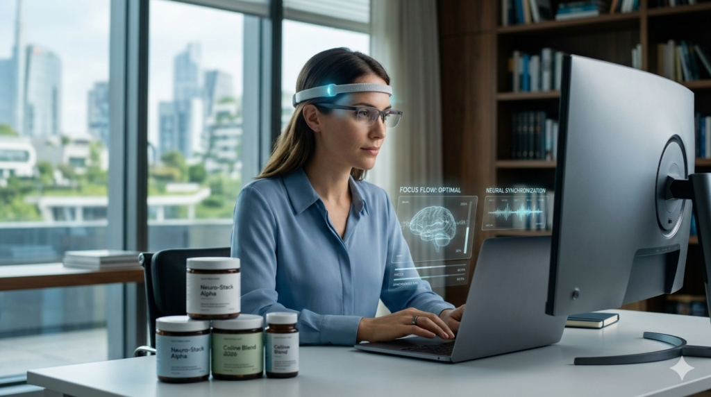 Professionista in ufficio moderno con Skyline di Milano, indossa un dispositivo di neuro-stimolazione e utilizza integratori nootropi avanzati per ottimizzare il focus mentale e la produttività nel 2026
