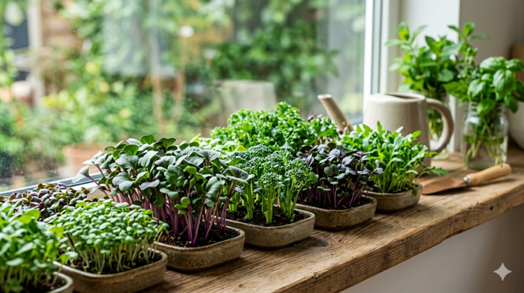 Varietà di micro-ortaggi freschi tra cui broccoli, ravanelli e rucola coltivati in piccoli vasi di ceramica su un davanzale in legno luminoso