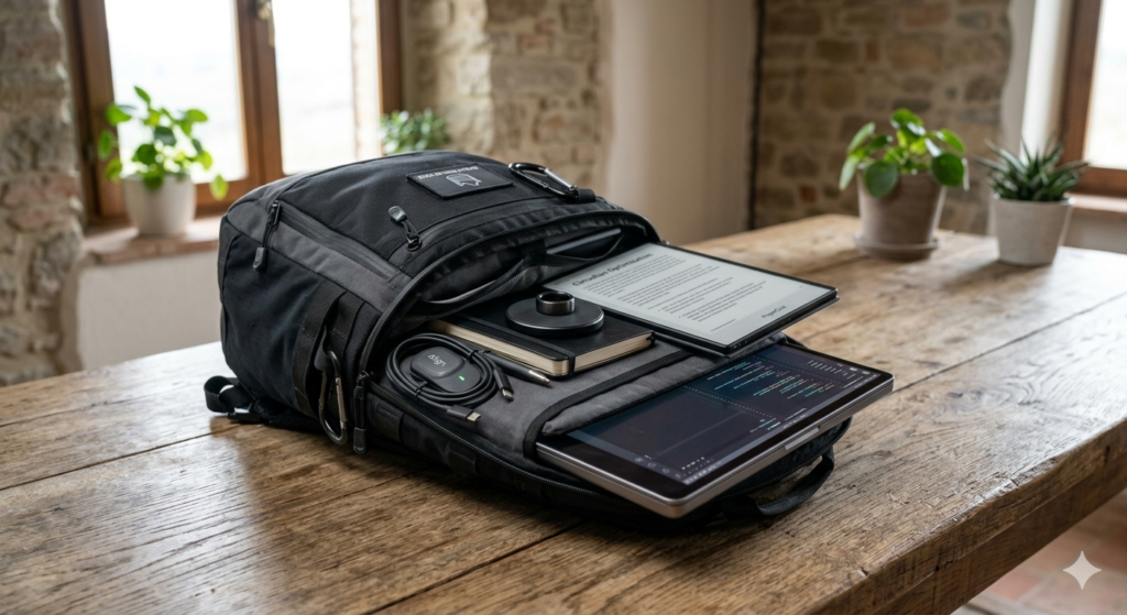 Zaino tecnico da viaggio aperto su un tavolo in legno rustico, contenente un laptop, un monitor portatile E-Ink e sensori biometrici avanzati; kit essenziale di biohacking per il nomade digitale nel 2026