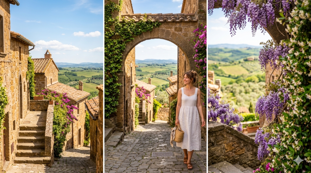 Donna con borsa di paglia che passeggia in un antico borgo italiano fiorito con glicine, ideale per una gita fuori porta nel ponte del 25 aprile.