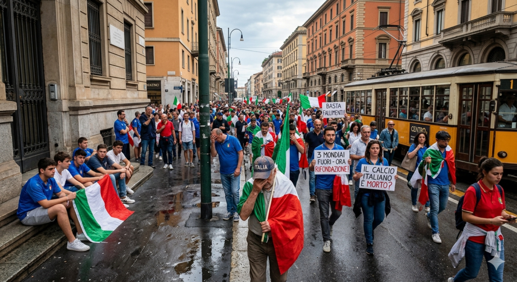 Tifosi italiani delusi e tristi in una piazza storica dopo la sconfitta della Nazionale e l'esclusione dai Mondiali 2026.