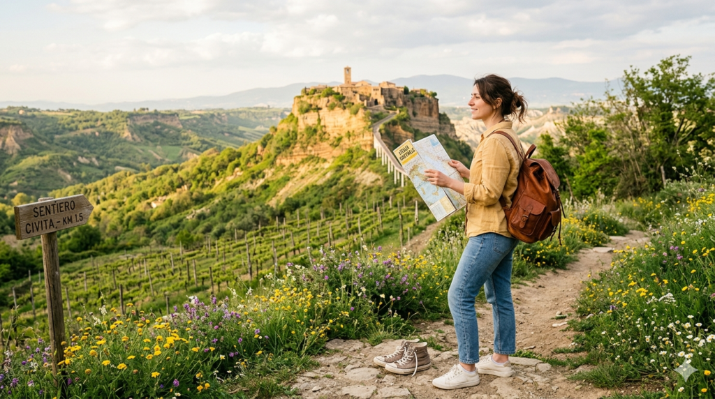 Una giovane viaggiatrice con zaino e mappa osserva il panorama di Civita di Bagnoregio tra colline verdi e fiori primaverili