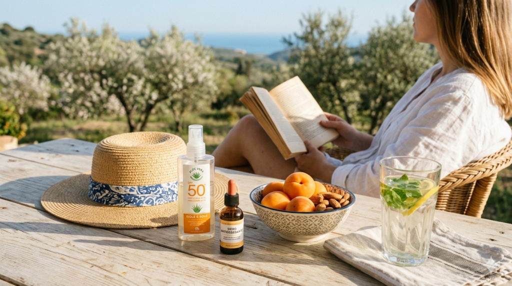 Set di protezione solare con crema SPF 50 e cappello di paglia su un tavolo mediterraneo al sole di aprile