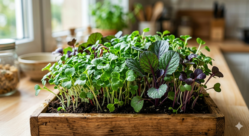 Una rigogliosa vaschetta in legno di microgreens misti, tra cui varietà verdi e viola come broccoli e cavolo rosso, coltivati indoor su un ripiano di cucina luminoso