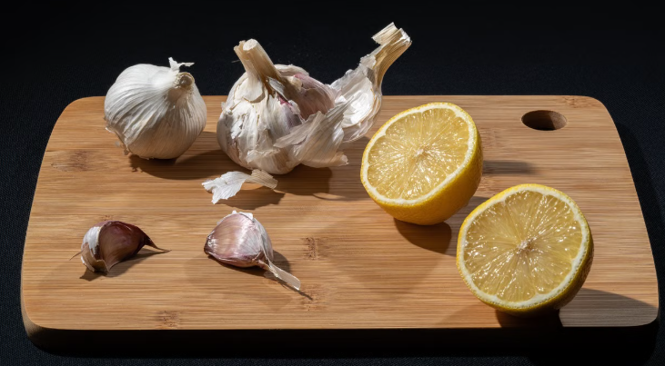 aglio e limone su un tagliere di legno