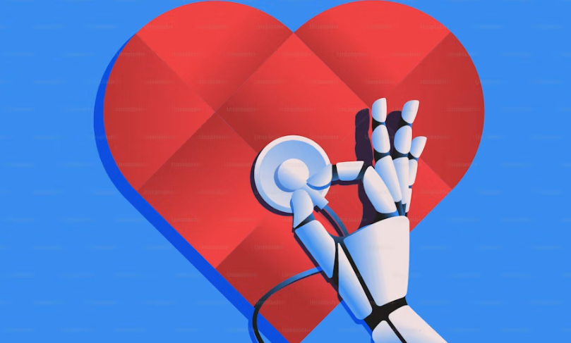 Mano robotica che tiene uno stetoscopio sopra un cuore, simbolo dell'integrazione tra intelligenza artificiale e medicina