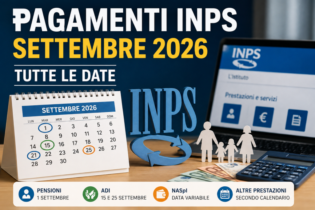 Pagamenti INPS settembre 2026: calendario delle date per pensioni, ADI e NASpI