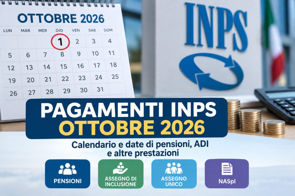 Calendario di ottobre 2026 con il 1° ottobre evidenziato e grafica illustrativa sui pagamenti INPS di pensioni, Assegno di Inclusione, Assegno Unico e NASpI.
