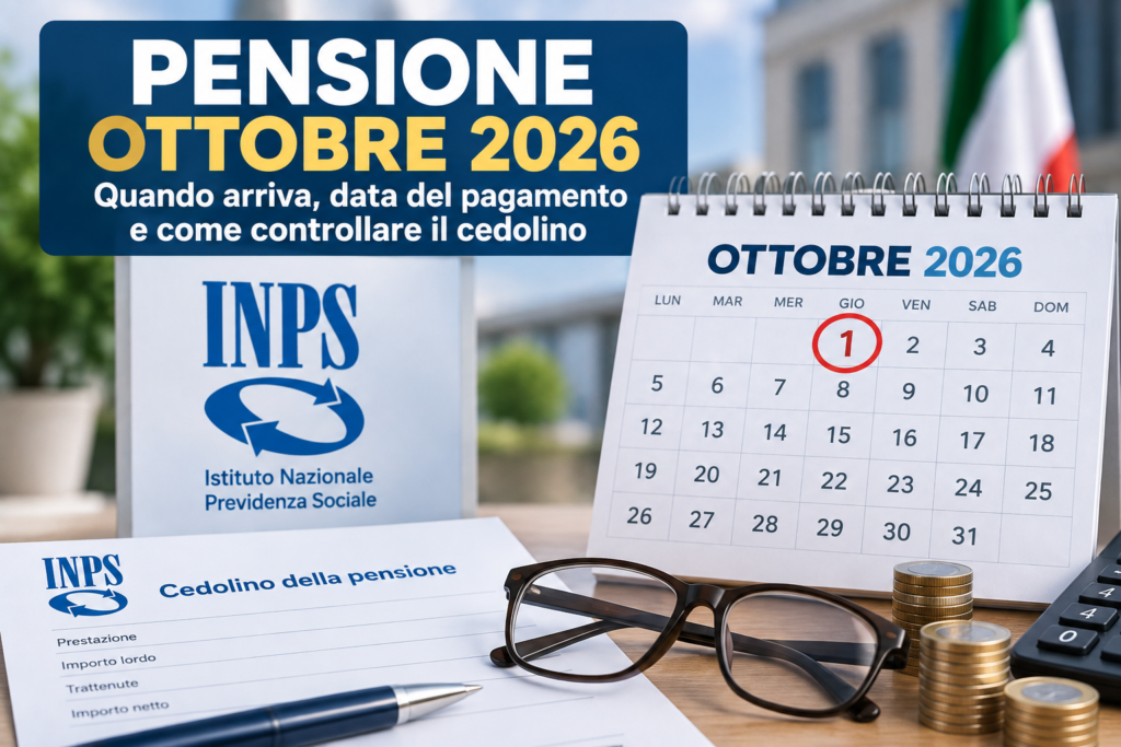 Grafica illustrativa sulla pensione di ottobre 2026, con calendario che evidenzia il 1° ottobre, cedolino della pensione e informazioni sul pagamento INPS