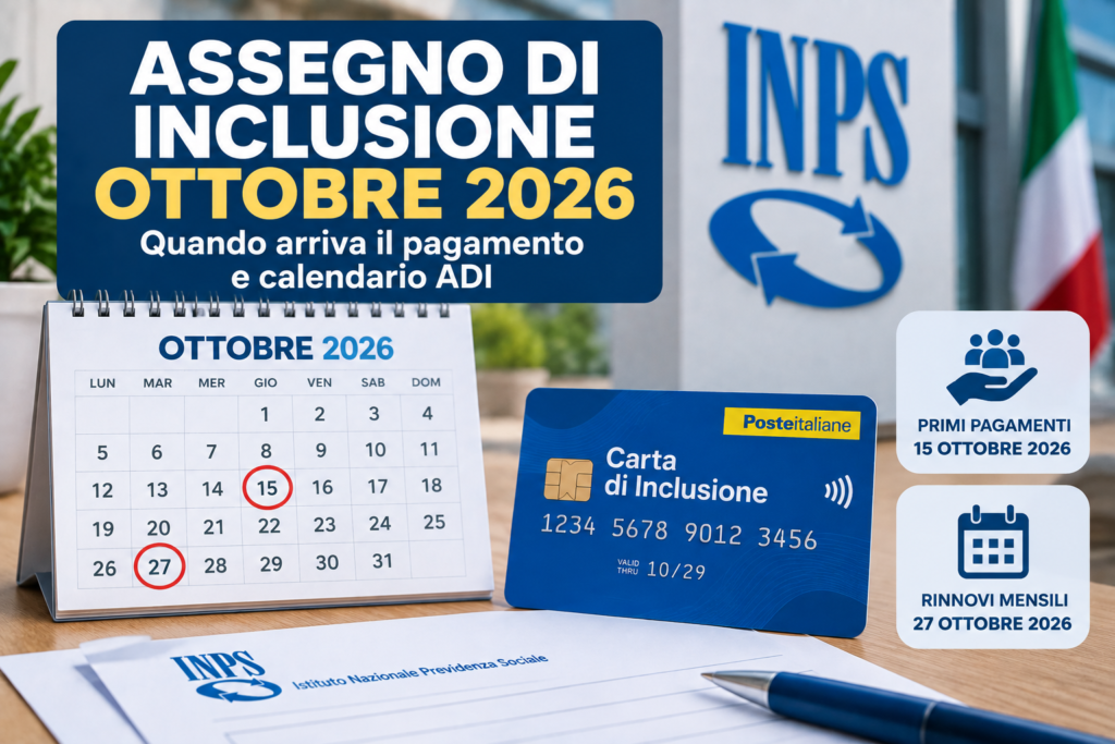Grafica illustrativa sull’Assegno di Inclusione di ottobre 2026, con calendario che evidenzia il 15 e il 27 ottobre, Carta di Inclusione e date dei pagamenti INPS.