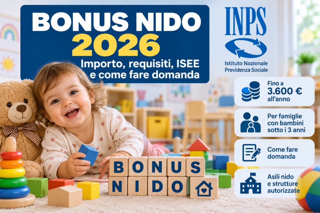 Grafica illustrativa sul Bonus nido 2026, con bambino in un asilo, INPS, indicazione dell'importo fino a 3.600 euro e informazioni su requisiti, ISEE e domanda.